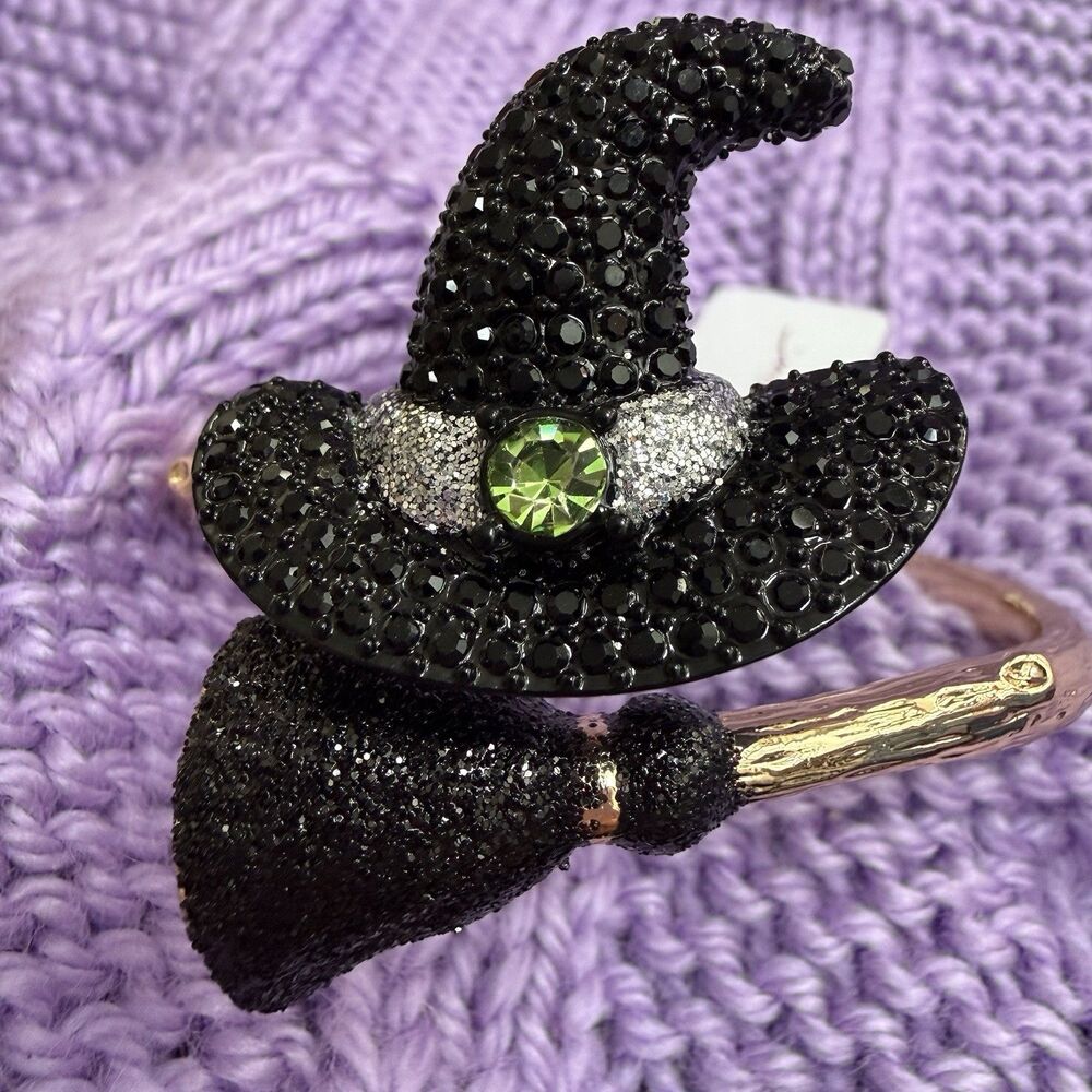Betsey Johnson Black Witch Hat & Broom Bypass Hinge Bangle Crystal Accents NWT